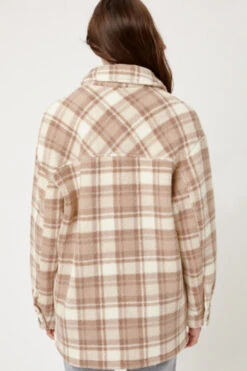 Button Up Plaid Sherpa Jacket Shacket-Taupe Beige And White -LumiWear Store plaid sherpa 80001jy khaki3