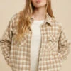 Plaid Sherpa Lined Shirt Jacket Shacket-Taupe And Off White