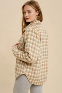 Plaid Sherpa Lined Shirt Jacket Shacket-Taupe And Off White -LumiWear Store plaid sherpa ilk3943 lighttaupe4