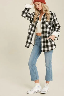 Buffalo Plaid Sherpa Lined Shirt Jacket-Black And White -LumiWear Store plaid sherpa jacket k00429 black3