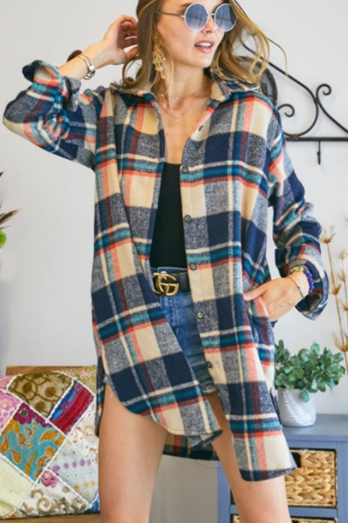 Flannel Button Up Plaid Shirt With Pockets-Navy Blue And Taupe 1 Flannel Button Up Plaid Shirt With Pockets-Navy Blue And Taupe