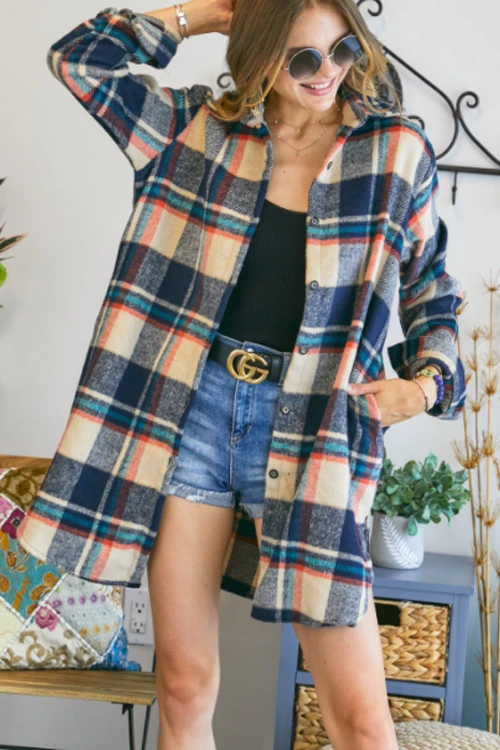 Flannel Button Up Plaid Shirt With Pockets-Navy Blue And Taupe 2 Flannel Button Up Plaid Shirt With Pockets-Navy Blue And Taupe - Image 2