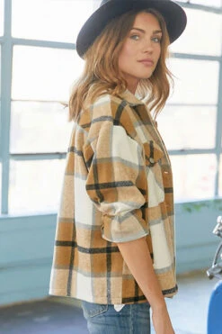 Oversized Plaid Shirt Jacket Shacket-Brown And White -LumiWear Store plaid shirt jacket dj91782 brown3