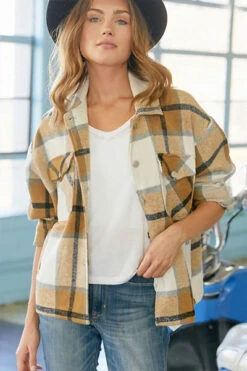 Oversized Plaid Shirt Jacket Shacket-Brown And White -LumiWear Store plaid shirt jacket dj91782 brown4