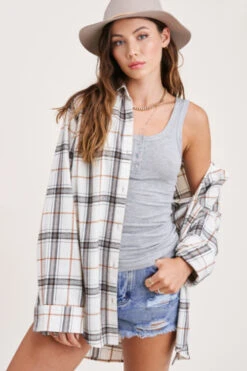 Long Sleeve Plaid Button Up Shirt-Off White