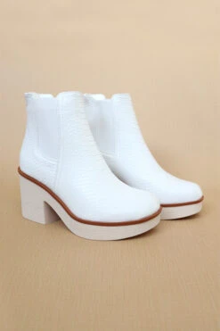 Faux Leather Croc Print Textured Platform Booties-White