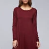 Long Sleeve Jersey A-Line Tunic Dress With Pockets-Burgundy Dark Red