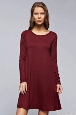 Long Sleeve Jersey A-Line Tunic Dress With Pockets-Burgundy Dark Red