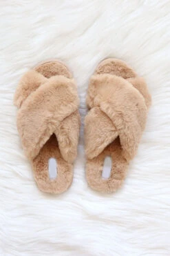 X Cross Band Cozy Fur Slippers Slides-Camel Brown