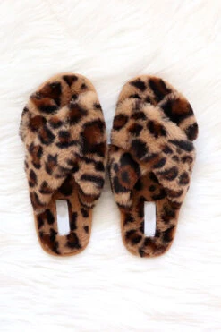 FLASH DEAL: X Cross Band Cozy Fur Slippers Slides-Leopard Print (Size 8.5)