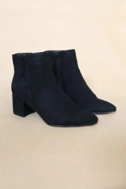 Faux Suede Closed Pointy Toe Block Heel Ankle Booties-Black
