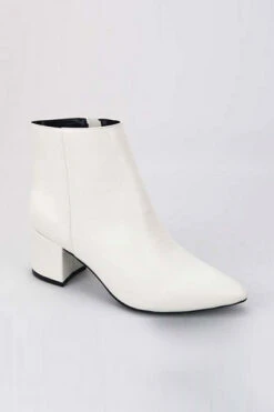 Faux Leather Closed Pointy Toe Block Heel Ankle Booties-White