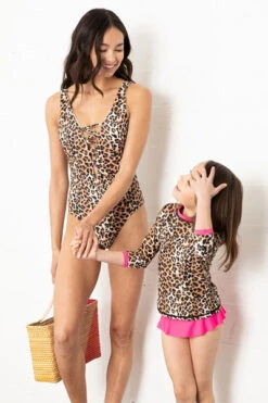 Kids Animal Print Two Piece Long Sleeve Rash Guard Swimsuit With Ruffle Bottoms-Cheetah Leopard Print -LumiWear Store rashguard k4710 cheetah5