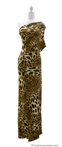 Rhinestone One Shoulder Full Length Long Evening Dress-Leopard Print
