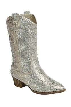 Tall Rhinestone Cowgirl Western Booties Cowboy Boots-Champagne Gold