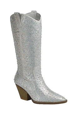 Tall Rhinestone Cowgirl Western Booties Cowboy Boots-Silver