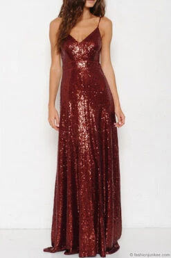 Backless Open Back Sequin Full Length Maxi Dress-Burgundy Dark Red