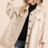 Sherpa Fleece Button Up Shirt Jacket Shacket-Taupe
