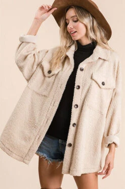 Sherpa Fleece Button Up Shirt Jacket Shacket-Taupe