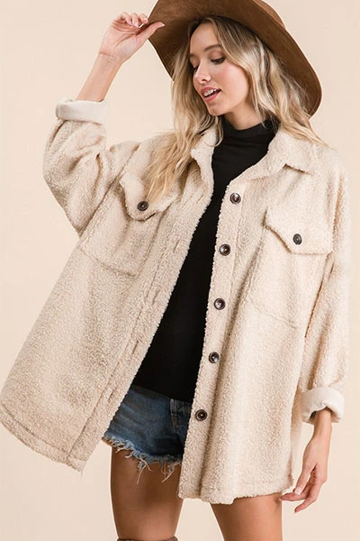 Sherpa Fleece Button Up Shirt Jacket Shacket-Taupe 1 Sherpa Fleece Button Up Shirt Jacket Shacket-Taupe