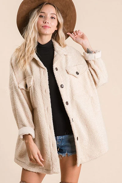 Sherpa Fleece Button Up Shirt Jacket Shacket-Taupe 2 Sherpa Fleece Button Up Shirt Jacket Shacket-Taupe - Image 2