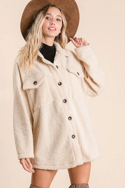 Sherpa Fleece Button Up Shirt Jacket Shacket-Taupe 4 Sherpa Fleece Button Up Shirt Jacket Shacket-Taupe - Image 4