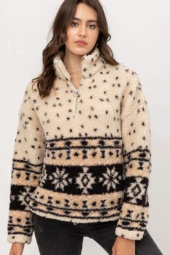 DOOR BUSTER: Aztec Fair Isle Sherpa Fleece Pullover Half Zip Up Sweater-Off White