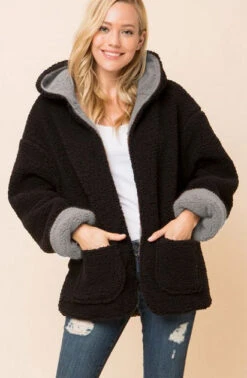 Hooded Reversible Soft Sherpa Teddy Bear Sweater Jacket-Black & Grey