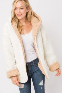 Hooded Reversible Soft Sherpa Teddy Bear Sweater Jacket-Off White & Beige -LumiWear Store sherpa reversible jacket 52 ivorytaupe4