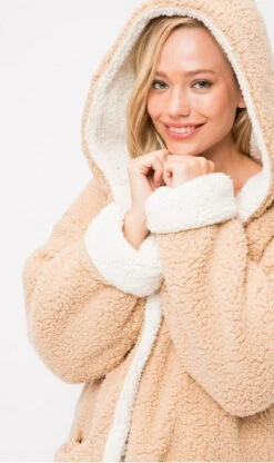 Hooded Reversible Soft Sherpa Teddy Bear Sweater Jacket-Off White & Beige -LumiWear Store sherpa reversible jacket 52 ivorytaupe5