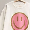 Glitter Smiley Face Sweatshirt Crew Neck Sweater-White