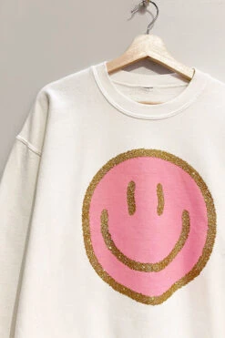 Glitter Smiley Face Sweatshirt Crew Neck Sweater-White