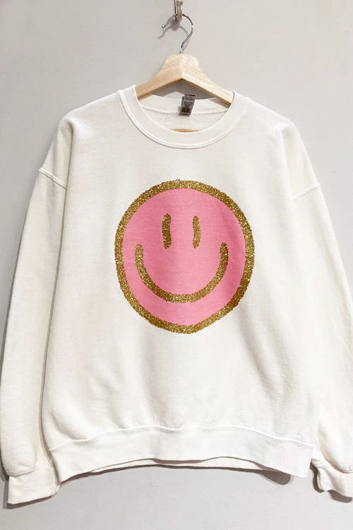 Glitter Smiley Face Sweatshirt Crew Neck Sweater-White 2 Glitter Smiley Face Sweatshirt Crew Neck Sweater-White - Image 2