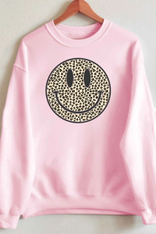 Leopard Print Smiley Face Sweatshirt Sweater-Pink 1 Leopard Print Smiley Face Sweatshirt Sweater-Pink