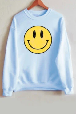 Smiley Face Sweatshirt Crew Neck Sweater-Baby Blue
