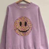 Leopard Print Smiley Face Mineral Wash Sweatshirt Sweater-Purple Lavender