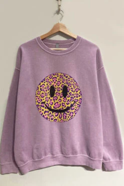 Leopard Print Smiley Face Mineral Wash Sweatshirt Sweater-Purple Lavender