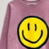 Smiley Face Sweatshirt Mineral Wash Crew Neck Sweater-Berry