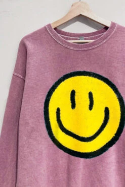Smiley Face Sweatshirt Mineral Wash Crew Neck Sweater-Berry