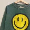 Smiley Face Sweatshirt Mineral Wash Crew Neck Sweater-Hunter Green