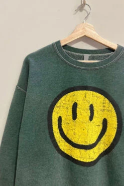 Smiley Face Sweatshirt Mineral Wash Crew Neck Sweater-Hunter Green