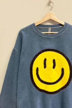 Smiley Face Sweatshirt Mineral Wash Crew Neck Sweater-Indigo Blue