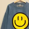 Smiley Face Sweatshirt Mineral Wash Crew Neck Sweater-Blue