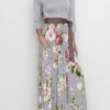 PLUS SIZE Long Sleeve Solid & Floral Maxi Dress With Sash And Pockets-Grey