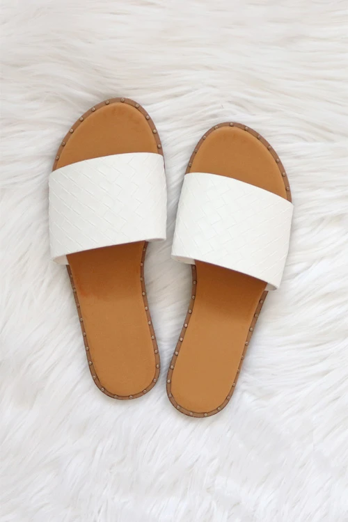 Woven Single Band Sandals Slides With Studded Trim-White 1 Woven Single Band Sandals Slides With Studded Trim-White