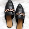 Chunky Chain Faux Leather Pointy Toe Closed Toe Flat Mules Slides-Black
