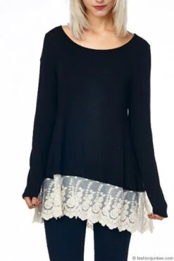 PLUS SIZE Lace Trim Bottom Hem Long Sleeve Jersey Tunic Top-Black
