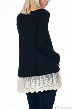 PLUS SIZE Lace Trim Bottom Hem Long Sleeve Jersey Tunic Top-Black -LumiWear Store trim bottom top 54 black3