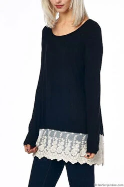 PLUS SIZE Lace Trim Bottom Hem Long Sleeve Jersey Tunic Top-Black -LumiWear Store trim bottom top 54 black4