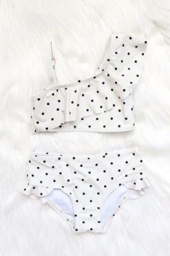 Kids Polka Dot Two Piece Ruffle One Shoulder Swimsuit-Off White & Black